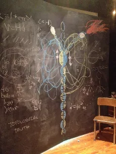 Drawing on a blackboard showing a viral capsid and the viral DNA stretched out of the particle. Drawing was done by Pittsburgh artist Jordan Bush.